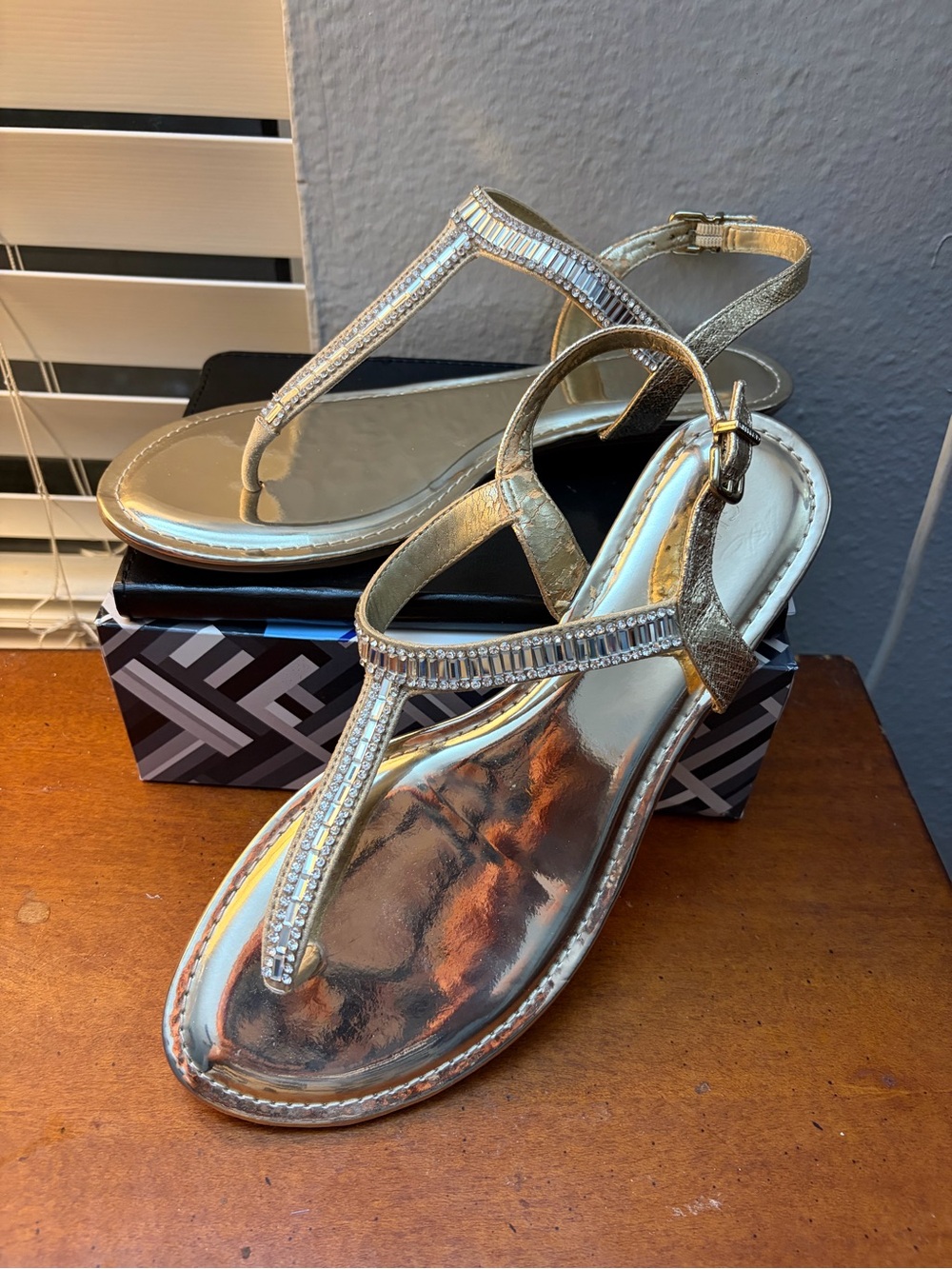 Women's Metallic Gold T-Strap Sandals with Crystal Accents